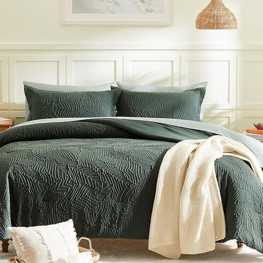 Geniospin Full Size Comforter Set - 7 Pieces Dark Green Bedding Set, Botanical Textured Comforter Bed Set, All Season Lightweight Bed in a Bag with Comforter, Sheets, Pillowcases & Shams