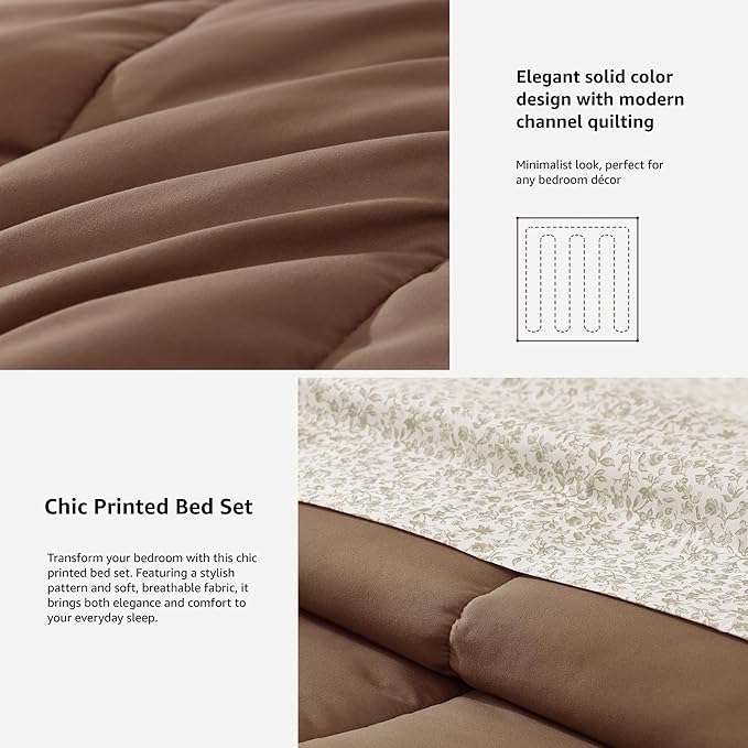Monbix King Size Comforter Set - 7 Pieces Bed in a Bag King, Brown Track Stitching Bedding Sets, All Seasons Comforter Bed Set with Sheets