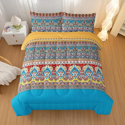 Paisley Bohemian Comforter Sets Full Size,Colorful Boho Chic Medallion Exotic Bedding Set for Your Room,Abstract Soft Lightweight Quilted Set All Season,1 Comforter and 2 Pillowcases