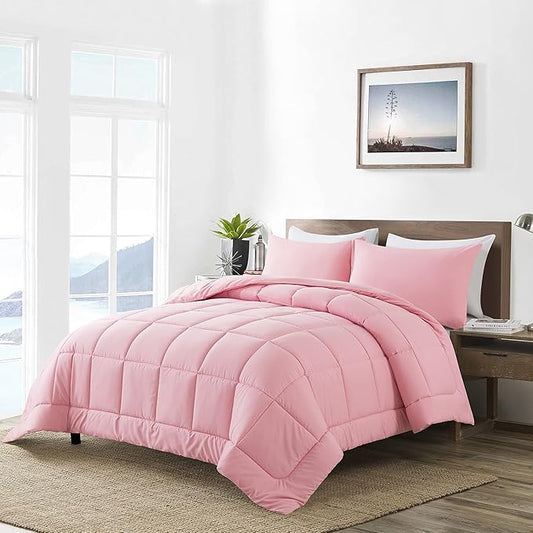 DOWNCOOL Twin Comforter Set -All Season Bedding Comforters Sets with 1 Pillow Case -2 Pieces Bed Set Down Alternative Comforter Set -Pink Twin Bedding Sets(64"x88")