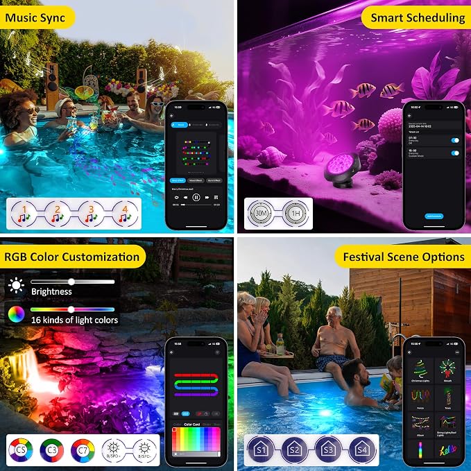 T-SUN Pond Lights LED Underwater 16M Colors with App and Remote 6 Pack | Dimmable,Timer,IP68 Waterproof Submersible Fountain Lights Led Underwater Pond Lights for Outdoor Pond Koi Aquarium Garden