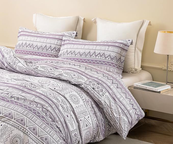 SLEEPBELLA Boho Chic Striped King Size Duvet Cover Set - 100% Cotton with Button Closure in White and Purple