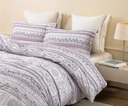 SLEEPBELLA Boho Chic Striped King Size Duvet Cover Set - 100% Cotton with Button Closure in White and Purple