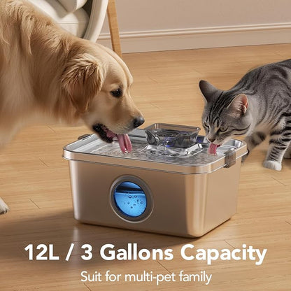 PETIMI Dog Water Fountain, 3 Gallons Stainless Steel Dog & Cat Water Fountain, Large Pet Water Fountain for Multiple Pets, Ultra Silent, Wide Mouth, Safety Lock, 3 Filters Included, Smart Water Pump