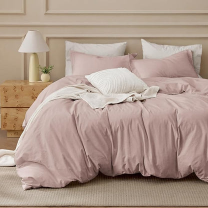 Bedsure 100% Washed Cotton Duvet Cover Full Size - Petal Pink Minimalist Bedding Set Linen Like - PureWoven Plain Simple & Soft Comforter Cover for All Seasons (Petal Pink, Full, 80"x90")