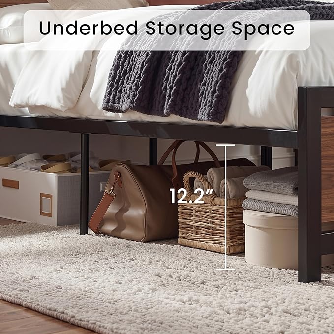 LIKIMIO King Bed Frame with Headboard and Footboard, Metal Strong Supports, Easy Assembly, Noise-Free, No Box Spring Needed, Dark Walnut