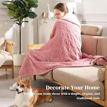 Electric Throw Blanket Heated Throw 50''x60''- Wheat Pattern Flannel & Sherpa Heated Lap Blanket with 5 Heat Settings & 4-Hour Auto Shut-Off, ETL & FCC Certified, Machine Washable Home Use, Pink