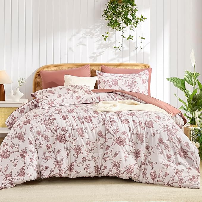 Luxudecor Floral Comforter Set King Size 7 Pieces, Blush Pink Flower with Bird Bed in a Bag, Soft Reversible Comforter with Sheet Bed Set 104"x90"