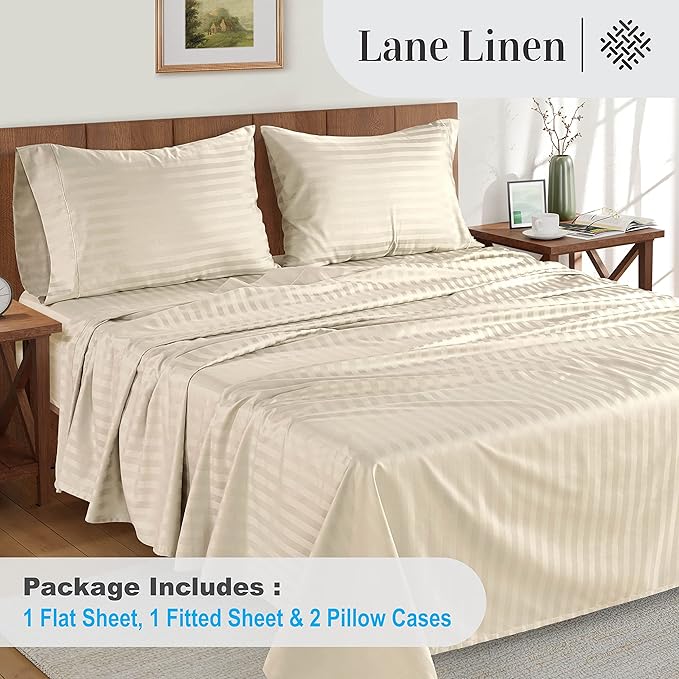 LANE LINEN Striped Sheets Set - 100% Egyptian Cotton 4 Piece Bed for Queen Size Hotel Bedding & Pillowcases 16" Deep Pocket (Fits Upto 17" Mattress) Ivory