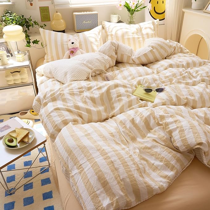 EAVD Beige Striped Duvet Cover Queen Soft Washed Microfiber Striped Reversible Bedding Set with 2 Pillowcases Modern Farmhouse Geometric Pattern Duvet Cover with Zipper Closure