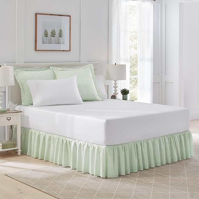 Laura Ashley Home - Cotton Ruffled Bedskirt, Lightweight & Classic Style (Ticking Stripe Green, Full)