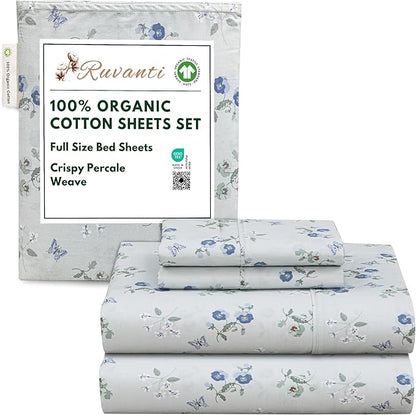 RUVANTI 100% Organic Cotton Sheets Full Size, Percale Weave, GOTS Certified, 4-Piece Set, Deep Pocket 15", Crisp & Breathable, Soft Durable Bedding, Sábanas Algodón Orgánico – Butter Flight