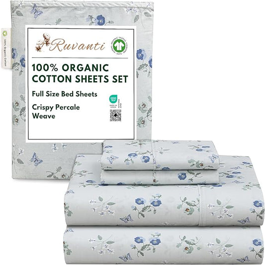RUVANTI 100% Organic Cotton Sheets Full Size, Percale Weave, GOTS Certified, 4-Piece Set, Deep Pocket 15", Crisp & Breathable, Soft Durable Bedding, Sábanas Algodón Orgánico – Butter Flight