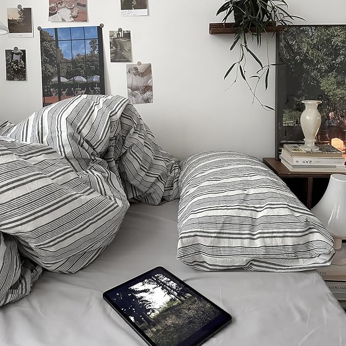 mixinni Vintage Gray & White Striped Duvet Cover Set - 3 Piece 100% Washed Cotton Full Size Bedding | Minimalist Gender-Neutral Design | Ultra-Soft Breathable, with Zipper Closure & Corner Ties