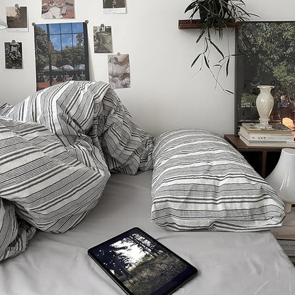 mixinni Vintage Gray & White Striped Duvet Cover Set - 3 Piece 100% Washed Cotton Queen Size Bedding | Minimalist Gender-Neutral Design | Ultra-Soft Breathable, with Zipper Closure & Corner Ties