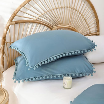 YIRDDEO Full Size Comforter Sets - Full Size Comforter with Ball Pom Fringe, Soft Bedding Set for All Seasons - 3 Pieces, 1 Comforter (79"x90") & 2 Pillow Shams(20"x26"), Dusty Blue