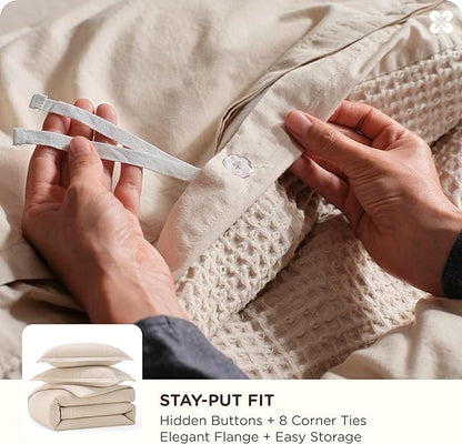 Bedsure Cotton Duvet Cover Set - 100% Cotton Waffle Weave Beige Duvet Cover Oversized King Size, GentleSoft™ and Breathable Bedding Set for All Season, 3 Pieces, 120"x98"
