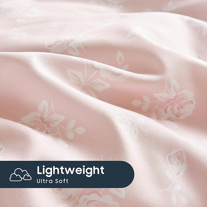 Wake In Cloud - Coquette Duvet Cover Set, Floral Cottagecore Flower Shabby Chic Cute Aesthetic, Soft Lightweight Bedding for Women Teen Girls, 3-Piece, Light Pink, Full Size