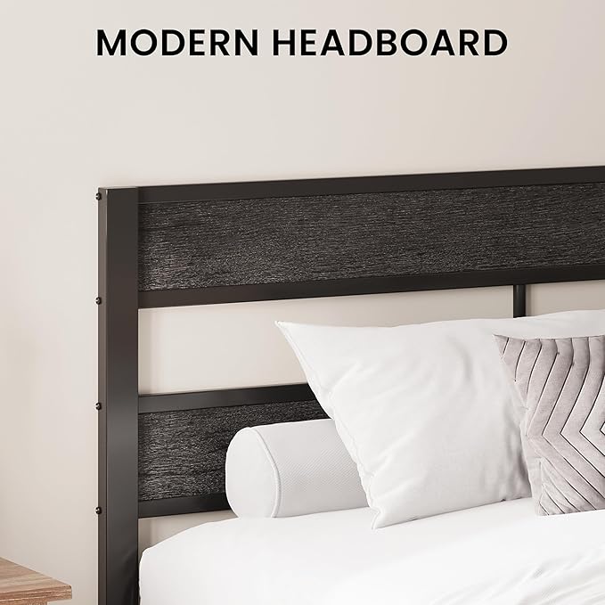 LIKIMIO King Bed Frame, with Headboard, Easy Assembly, Noise-Free, No Box Spring Needed, Heavy Strong Metal Support Frames, Charcoal Grey