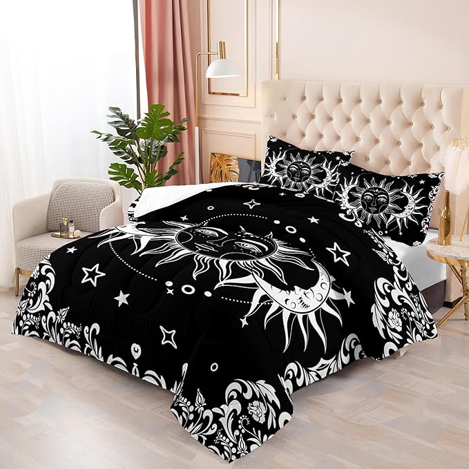 Boho Queen Comforter Set for Girls - Bohemian Gothic Western Hippie Bedding Decor - Black and White Sun and Moon Design