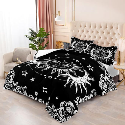 Boho Queen Comforter Set for Girls - Bohemian Gothic Western Hippie Bedding Decor - Black and White Sun and Moon Design