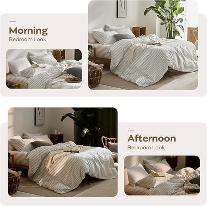 JELLYMONI Striped Duvet Cover Set - Twin Size 100% Cotton - 2PCS White & Grey Vertical Stripes Bedding - Hidden Zipper Closure & 8 Corner Ties - Breathable Comforter Cover for Bedroom