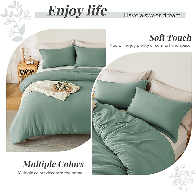 MILDLY Super Soft Duvet Cover 2pcs - 100% Washed Microfiber Sage Green Comforter Cover Set with Zipper Closure & Corner Ties (No Comforter)
