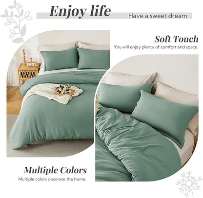 MILDLY Super Soft Duvet Cover 2pcs - 100% Washed Microfiber Sage Green Comforter Cover Set with Zipper Closure & Corner Ties (No Comforter)