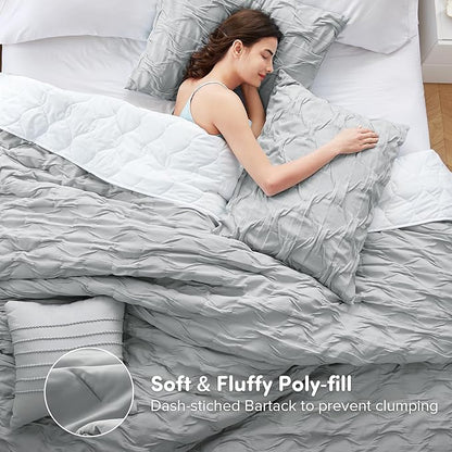 Comfort Spaces Comforter for Queen Size Bed, Ogee Ruched with Crinkle Texture, Breathable Comforter Set Queen, All Season Lightweight Bedding Set, Shams, Décor Pilow, Full/Queen Gray 4 Piece