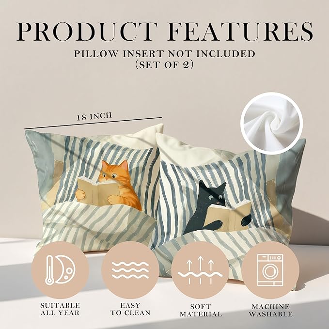 Funny Cat Reader Book Throw Pillow Cover 18 x 18 Set of 2, Gifts for Book Lovers, Reading Nook Corner Decor, Preppy Floral Black Orange Tabby Tuxedo Cats Bookish Pillowcase（03）