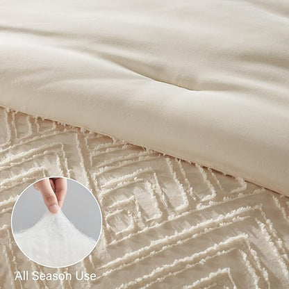 Zzlpp Twin Comforter Set 5 Pieces, Cream Tufted Bed in a Bag with Comforter and Pillowcase, All Season Boho Bedding Sets with 1 Comforter, 1 Pillow Sham, 1 Flat Sheet, 1 Fitted Sheet