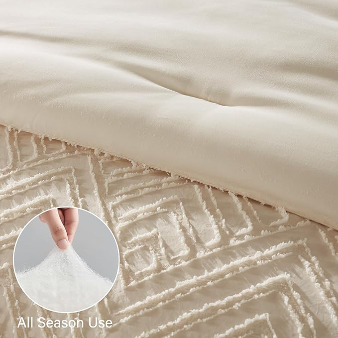 Zzlpp Queen Comforter Set 7 Pieces, Cream Tufted Bed in a Bag with Comforter and Sheets, All Season Boho Bedding Sets with 1 Comforter, 2 Pillow Shams, 2 Pillowcases, 1 Flat Sheet, 1 Fitted Sheet