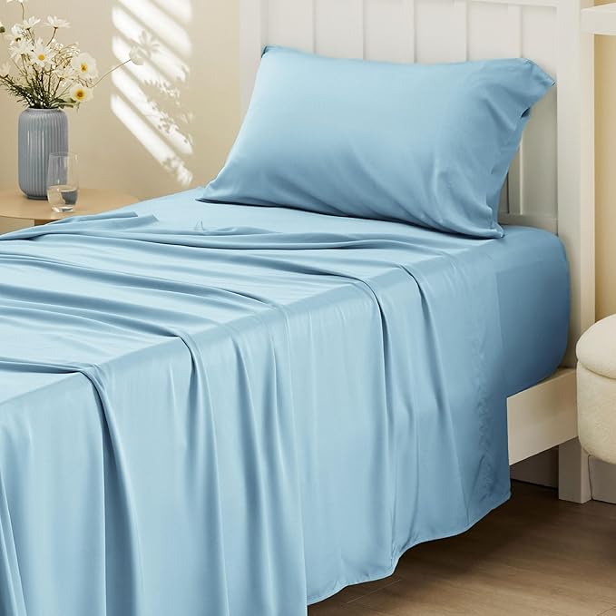 Bedsure Cooling Sheets Twin XL, Rayon Derived from Bamboo, PureWoven, Breathable & Soft Twin XL Sheet Sets, Deep Pocket Up to 16 Inches, Hotel Luxury Silky Dorm Bedding for Hot Sleepers, Aqua