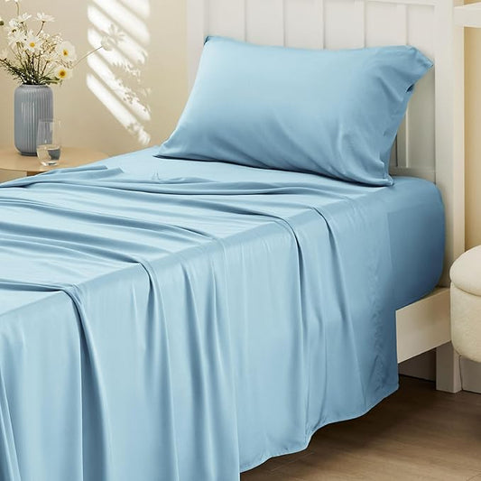 Bedsure Cooling Sheets Twin XL, Rayon Derived from Bamboo, PureWoven, Breathable & Soft Twin XL Sheet Sets, Deep Pocket Up to 16 Inches, Hotel Luxury Silky Dorm Bedding for Hot Sleepers, Aqua