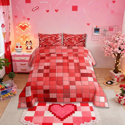 Pixelated Comforter Set King Size,Patchwork Grid Video Games Kids Bedding Set,Miners Lattice Simple Quilt Comforter,Red Duvet Insert,2 Pillowcases