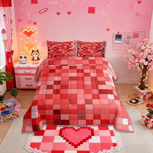 Pixelated Comforter Set King Size,Patchwork Grid Video Games Kids Bedding Set,Miners Lattice Simple Quilt Comforter,Red Duvet Insert,2 Pillowcases