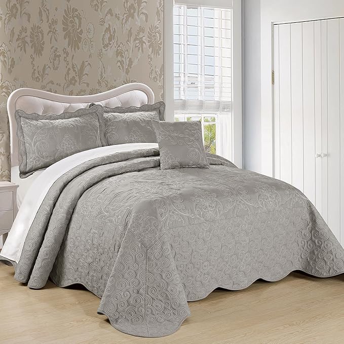 Home Soft Things Damask 4 Piece Bedspread Set, Scalloped Edge Reversible Coverlet Comforter Prewashed Bedding Set, Matelasse Embossed Floral Solid Pattern,Ash Gray Oversize King(120" x 120")