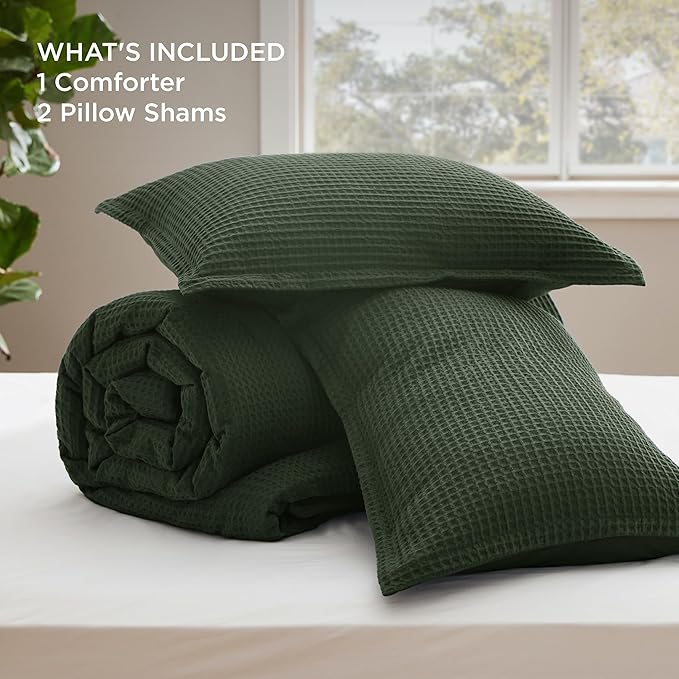 Bedsure Waffle Comforter Set Queen, Olive Green Soft Bedding, Waffle Weave Bed Set, 3 Pieces, 1 Comforter (90"x90") and 2 Pillow Shams, Cotton Shell and Polyester Lining for All Seasons