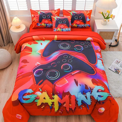 Aimuan Gamer Gaming Bedding Sets 3D Gamepad Comforter Sets for Boys Games Console Action Buttons Novelty Colorful Game Controller Modern Room Decor Home Quilt Set (Red, Full 6PCS)