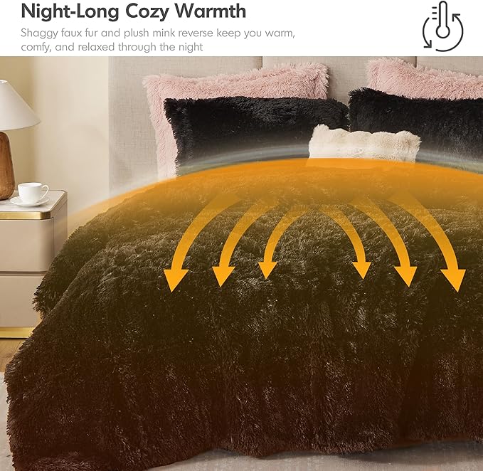 Intelligent Design Malea Shaggy Comforter Set, Long Faux Fur Cozy Down Alternative, Modern Casual Ultra Soft All Season Fluffy Bedding with Matching Sham, King/Cal King, Black 3 Piece