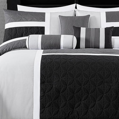 Chezmoi Collection Upland 7-Piece Quilted Patchwork Comforter Set, Black/Gray/Light Gray, King
