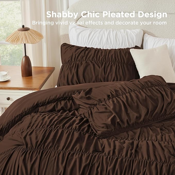 Andency Ruched Brown Full Size Comforter Sets, Shabby Chic Pleatd Bedding Sets 3 Pieces, Lightweight Soft Boho Ruffle Bed Set for Girls, Kids, Women, All Season