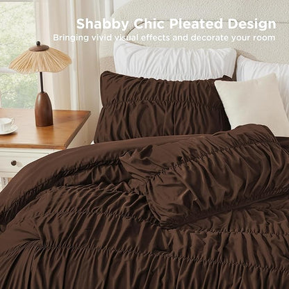 Andency Ruched Brown Oversized Queen Size Comforter Sets, Shabby Chic Pleated Bedding Sets 3 Pieces, Lightweight Soft Boho Ruffle Bed Set for Girls, Kids, Women, All Season