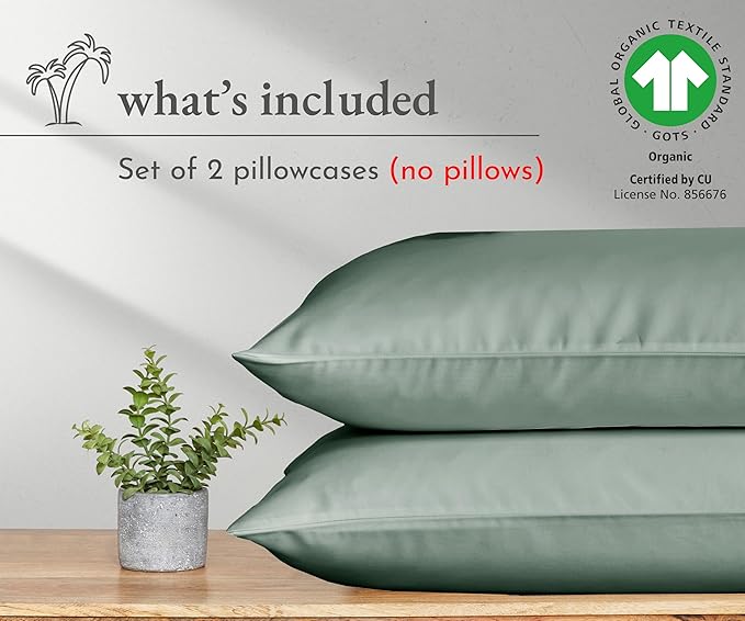 California Design Den King Pillow Cases Set of 2 - Soft 100% Organic Cotton, Crisp and Durable Percale Pillow Cases with Envelope Closure - Sage Green