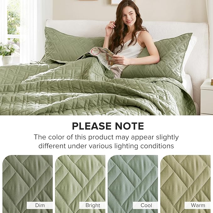 Comfort Spaces King Quilt Set Modern Reversible Diamond Coverlet King Bedding Set Cozy Quilted Winter Layer, All Season Lightweight Soft King Size Quilt, Kienna, Cal King Olive Green 3 Piece