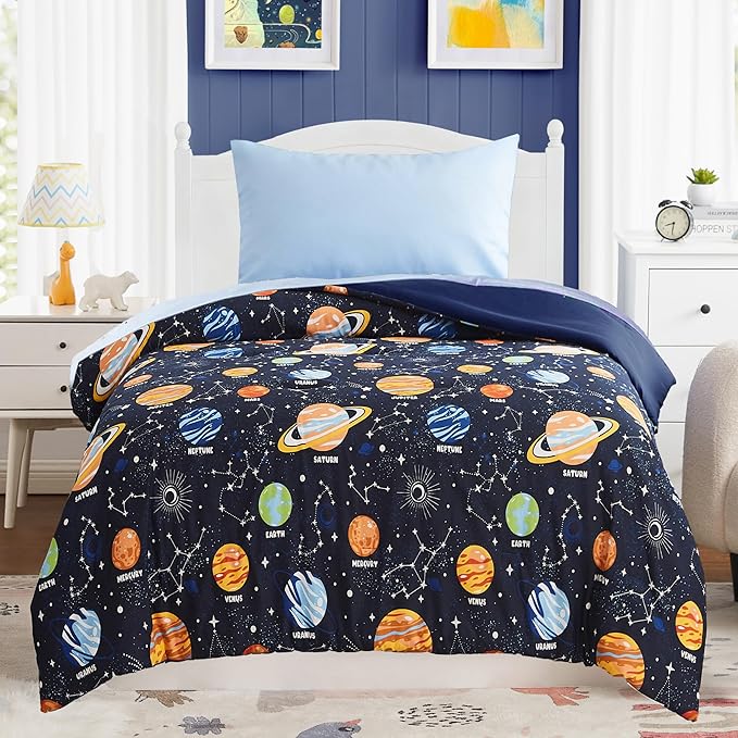 Toddler Bedding Set - 4 Pieces Toddler Comforter Set for Kids Boys, Glow in The Dark Space Bed in A Bag with Sheets