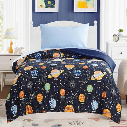 Toddler Bedding Set - 4 Pieces Toddler Comforter Set for Kids Boys, Glow in The Dark Space Bed in A Bag with Sheets