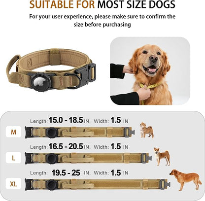 Tactical AirTag Dog Collar - Heavy Duty, Adjustable GPS Collar | Compatible with Apple AirTag, with Holder & Control Handle for Medium/Large Dogs [ Brown, XL ]