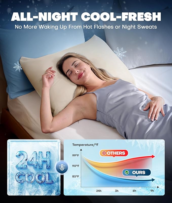 Ultra-Chill Cooling Pillowcase Set of 2 for Hot Sleepers, Softer Than Silk Pillow Cases for Protecting Hair & Skin, Breathable Bed Pillow Covers w/Zipper, Gifts for Women Men(Beige, Queen)