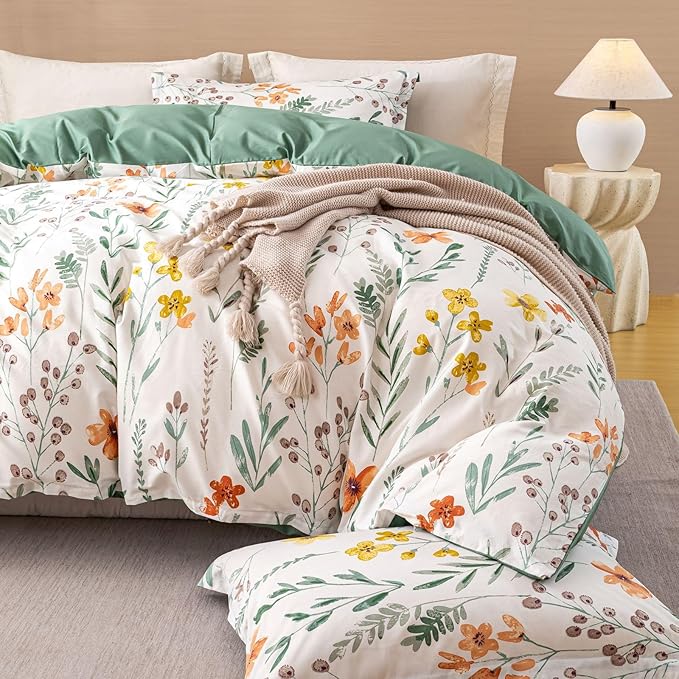 OAITE Duvet Cover Set Queen Size Floral Pattern Ultra Soft 100% Cotton Duvet Cover Sets 3-PC, Breathable Duvet Cover with Zipper Closure & Corner Ties(2 Pillow Shams,1 Duvet Cover)
